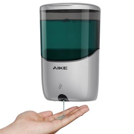 AIKE Dispensador de jabón automático líquido para montaje en pared, funciona con pilas, modelo AK1216, plateado