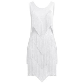 Rhinestones Layered Fringe Dress Ballroom Latin Dance Dress for Women Competition Tiered Tassel Flapper Dresses Sleeveless 1920s Gatsby Party Salsa Tango Performance Dancing Costume Outfit White S