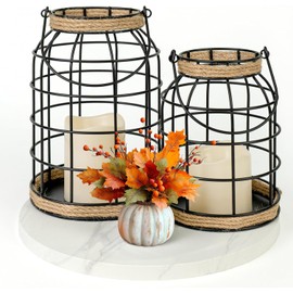 Rustic Farmhouse Decorative Lantern Set of 2, Boho Lanterns with LED Candles, Modern Farmhouse Indoor Outdoor Decor for Living Room Patio Porch Fireplace Kitchen Dining Table Centerpiece