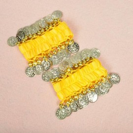 2PCS Belly Dance Wrist Arm Bracelets Chiffon Stretchy Bracelets with Gold Coin Indian Dance Wrist Band Costume Accessories Dancer Women Supplies(Yellow)