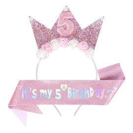 Qwrqwr Birthday Decorations for Girls Pink Headband and Glitter Sash Set Party Supplies Girl Ideas Gift (5th, Pink, One Size)