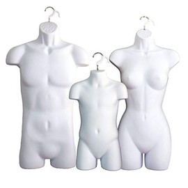 3 White Mannequin Forms - Male Female & Child Torso Set & Hanging Hook, S-M Sizes