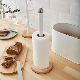Swan SWKA17511WHTN Nordic Scandi Towel Pole/Kitchen Roll holder with Non-slip Wooden Base, Cotton White, Steel, One Size