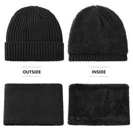 OZERO 2-in-1 Winter Knitted Hat Scarf Set, Warm Cold Proof Fleece for Men and Women, Black/Grey