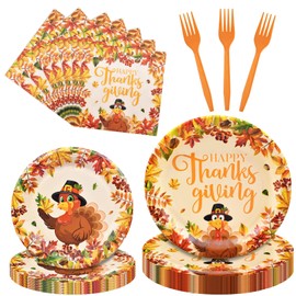100 Pieces Thanksgiving Turkey Tableware Set Party Supplies – Happy Thanksgiving Cartoon Turkey Pattern Disposable Paper Plates, Napkins, and Forks Dinnerware for Fall Friendsgiving Parties