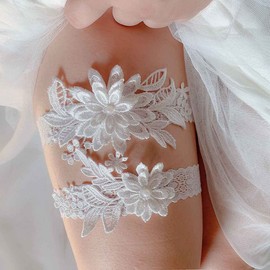 Carufin Bridal Wedding Garter Lace Garter Elastic Leg Ring Flower Prom Garter Set Bridal Accessories for Women and Girls, White