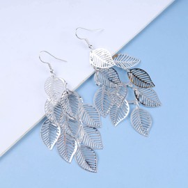 Inateannal Boho Filigree Leaf Drop Earrings Silver Leaf Chandelier Earrings Cluster Leaf Hook Earrings Ethnic Super Lightweight Earrings Jewelry for Women and Girls