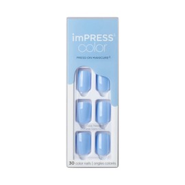 KISS imPRESS Color Press-On Manicure, Gel Nail Kit, PureFit Technology, Short Length, “Baby Why So Blue”, Polish-Free Solid Color Mani, Includes Prep Pad, Mini File, Cuticle Stick, and 30 Fake Nails