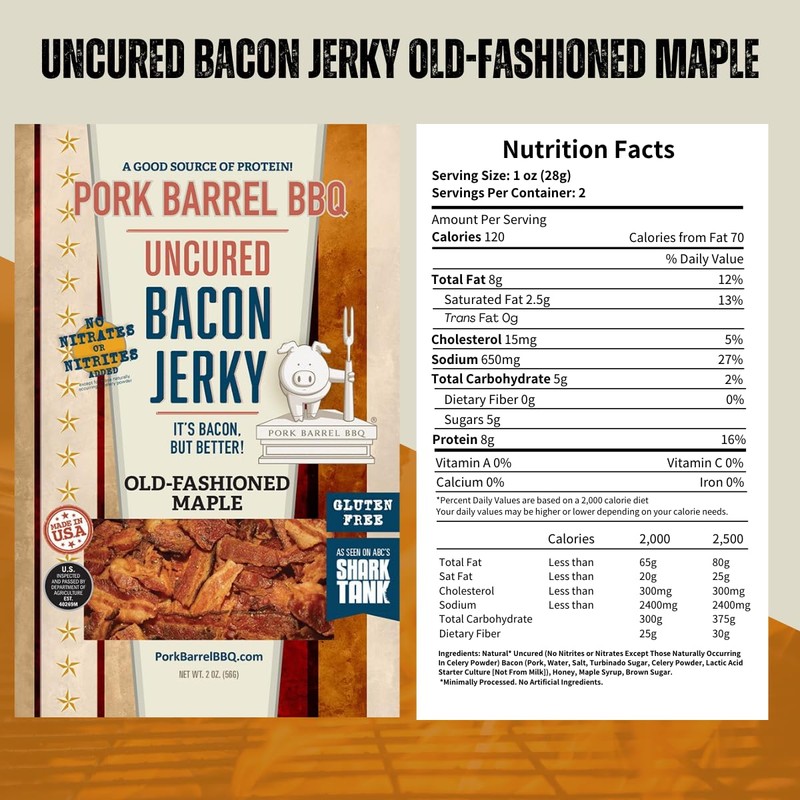 Pork Barrel BBQ Old-Fashioned Maple Bacon Jerky - Uncured Snacks,