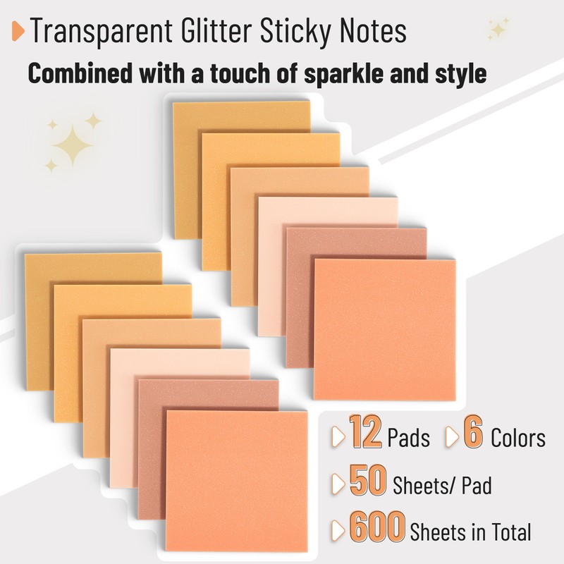 Mr. Pen- Transparent Glitter Sticky Notes, 3”x3”, 12 Pads, 600