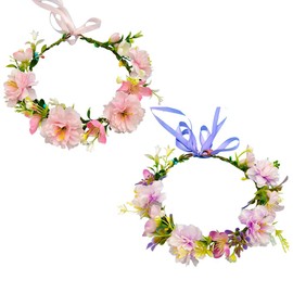 Efficewery Boho Flower Crown for Women, Adjustable Bridal Floral Headband for Weddings Festivals Photoshoots - Handmade Faux Flower Leaves Hair Accessory for Women (Pink+Purple, Adjustable)