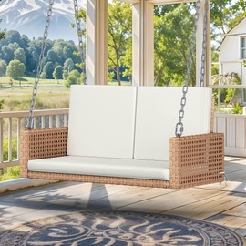 DWVO 2-Person Hanging Porch Swing with Cushions, Wicker Outdoor Swing Chair with Iron Frame, 530lbs Capacity for Patio, Garden, Balcony, Backyard, Indoor Use (Brown)