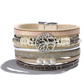 Leather Bracelets for Women with Multilayer Clasp Cuff Bangle Bracelet Boho Layered Bracelets Bohemian Wristband Jewelry Gift for Girls