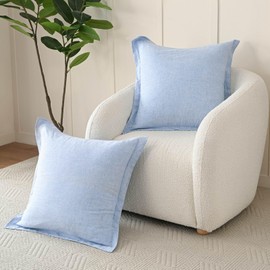 meadow park Stone Washed French Linen European Pillow Shams, Set of 2 Pieces, 26 inches x 26 inches Square Euro Sham, Super Soft, Ruffles Style, Chambray Blue