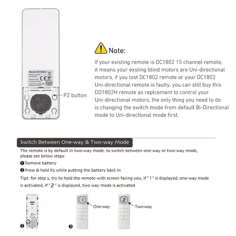 DD1802H Replacement Transmitter for Bi-Directional Motors, 15-Channel Controller for Motorized