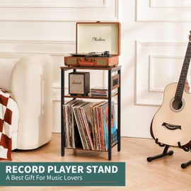 Yoobure Side Table with Charging Station, 3-Tier Record Player Stand, Small End Table Nightstand for Vinyl Storage, Tall Beside Tables Turntable Stand for Album CD, Night Stand for Living Room Bedroom