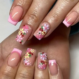 SINHOT Square Press on Nails Short - Daisy Flower Fake Nails Glossy Glue on Nails Cute Cherry Nails Pink French Tip Squoval Artificial Nails Stick on False Nails with Design DIY 24 pcs