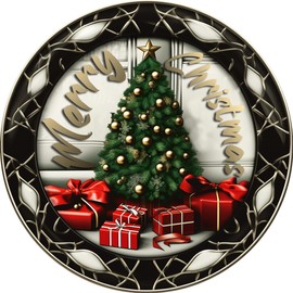 Tommery 8x8 Inch Round Tin Metal Sign Festive Christmas Tree with Gift Boxes Merry Christmas Wall Art for Home Decor Bedroom Door Decor - Great Gift for Friend! (Merry Christmas)