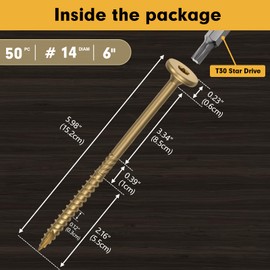 FMhotu 6 Inch Heavy-Duty Outdoor Deck Screws, 50Pcs Star Drive Decking Wood Screws, Rust Resistant Timber Screws for Timber/Log/Landscaping Wood (#14 x 6" Tan）
