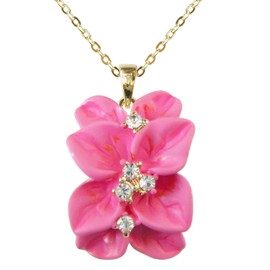 Navachi 18k Gold Plated Clear Crystal Pink Enamel Leaves Flower Az6079p Pendant Necklace 16"+2"