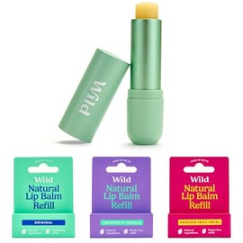 Wild Natural Refillable Lip Balm Starter Kit - Includes Sage Green Aluminium Case & 3 Pack Lip Balm Refills in a Variety of Scents - Includes Passionfruit Swirl, Coconut and Vanilla & Original Scents