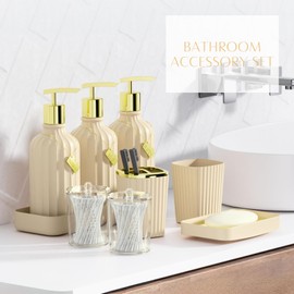 WSBArt 32PCS Bathroom Sets with Shower Curtain and Rugs-Beige Bathroom Accessories,Non Slip Bathroom Rugs Set with Toilet Lid Cover, Waterproof Shower Curtain, 3PC Soap Dispenser with Trash Can