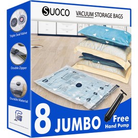 Vacuum Bags for Clothes, 8 Jumbo (100 x 70 cm) Vacuum Storage Bags with Airtight Valve and Hand Pump, Compression Bags for Clothes, Duvets, Bedding, Pillows
