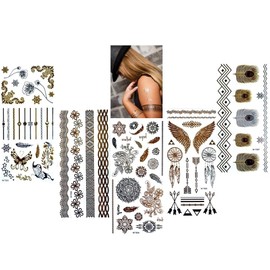 5 Sheets Temporary Gold and Silver Tattoos Feather Tattoo Bracelet Tattoo Metallic 5