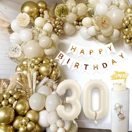 30th Birthday Decorations for Women Men, 30th Happy Birthday Banner Gold Party Decorations, Sand White and Gold Beige Neutral Balloons for Men Women, 30th Birthday Party Supplies Boho Decro