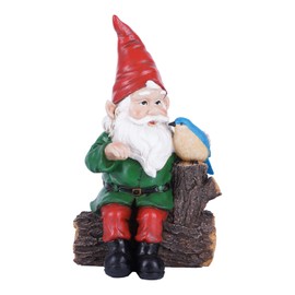 Garden Gnome Statues with Bird Resin Sculpture Gnome Sitting on The Stump Outdoor Statues for Outdoor Garden Decor