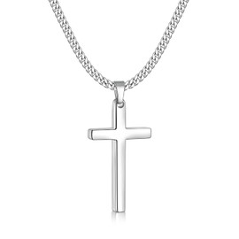 Fiusem Silver Tone Cross Necklace for Men, Mens Cross Necklaces with 3.5mm Chain and Stainless Steel Pendant Medium, Cuban Chain 20 Inch