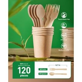 100% Bamboo Disposable Cutlery Set - 120 Mix (60 Forks,60 Spoons)