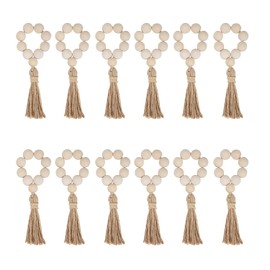 Uposao Wood Bead Napkin Rings Set of 12, Wooden Rustic Napkin Holders Boho Handmade Serviette Buckles with Tassels Natural Beaded Napkin Rings for Thanksgiving Wedding Party Table Decoration