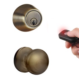MiLocks WFK-02AQ Digital Deadbolt Door Lock and Passage Knob Combo with Keyless Entry via Remote Control for Exterior Doors, Antique Brass