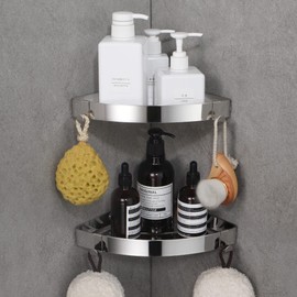 DUFU Duschregal Eckregal, Duschablage Ohne Bohren Badregal Edelstahl SUS304 Duschkorb Selbstklebend, Ecke Badezimmer Organizer Shampoo Halterung mit 4 Haken für Dusche (Silver-2 Stück)