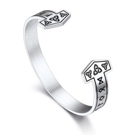 Bandmax Mens Stainless Steel Metal Wristband Viking Thor Hammer Open Cuff Bangle Bracelet Adjustable Nordic Viking Runes Protection Amulet Jewelry for Men
