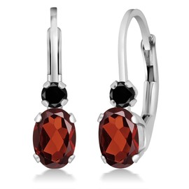 Gem Stone King 14K White Gold Red Garnet and Black Diamond Leverback Earrings For Women | 1.07 Cttw | Gemstone January Birthstone | Oval 6X4MM, Round 2MM | 3/4 Inch