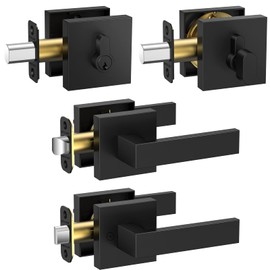 TICONN Matte Black Door Handle Heavy Duty, Reversible Square Door Lever for Bedroom, Bathroom, Rooms (Deadbolt with Passage Lever - Keyed Alike, 2 Pack)