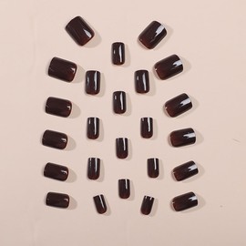 Dark Brown Press on Nails Short Solid Color False Nails with Designs Full Cover Square Fake Nails Glossy Glue on Nails Reusable Acrylic Nails Summer Stick on Nails for Women and Girls 24PCS