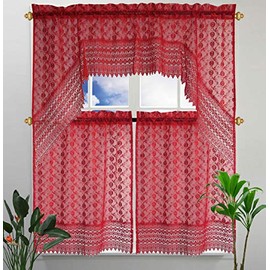 B and H Home Michel Red Embroidered 3-Piece Kitchen Curtain Window Treatment Set (Michel Red),tow tier 30 inch x36 inch one swag 60 inch x36 inch