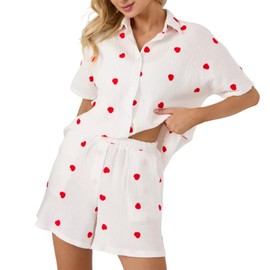 Celucke Women's Soft Breathable Lapel Short Sleeve Pajama Set with Heart Print for All Seasons Comfortable Home Wear, Satin Pyjamas For Women, Pj Shorts Set, Ladies Comfort Lounge Wear Nightwear