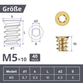 ORTAVA Screw Nut M5 x 10 mm, Pack of 40 Threaded Insert Wood M5, Threaded Insert Nuts, Galvanised Hexagonal Threaded Wood Inserts for Wooden Furniture Range