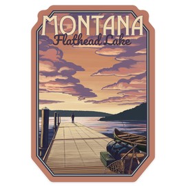 Die Cut Sticker Flathead Lake, Montana, Dock and Lake Scene, Contour Vinyl Sticker 1 to 3 inches (Waterproof Decal for Cars, Water Bottles, Laptops, Coolers), Small
