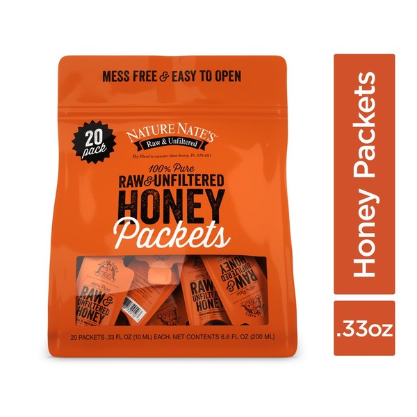 Nature Nate’s 100% Pure Raw & Unfiltered Honey; Small Honey Packets in Bulk (10 mL/PKT); 6 Pack - 20 Count Bag; Enjoy Honey’s Balanced Flavor, Just as Nature Intended; Easy to Carry Snack