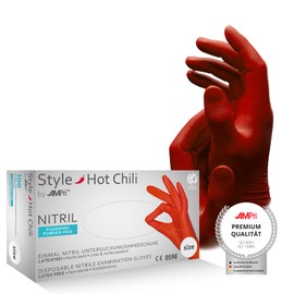 AMPri Med-Comfort Hot Chili Nitrile Gloves, Red, Pack of 100, Size S, Powder-Free, Nitrile Disposable Gloves in Sizes XS, S, M, L, XL