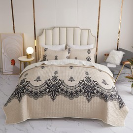 Kindred Home Damask Quilt King-Size Bedding Sets - Boho Lightweight Soft Cream Bedspread Set Coverlet 3 Pieces