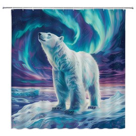 Polar Bear Shower Curtain Wild Animals Cute Funny Bear Snowy Mountain Winter Night Starry Sky Ocean Arctic Outdoors Watercolor Fabric Bathroom Decor Curtains with Hooks,70 x 70