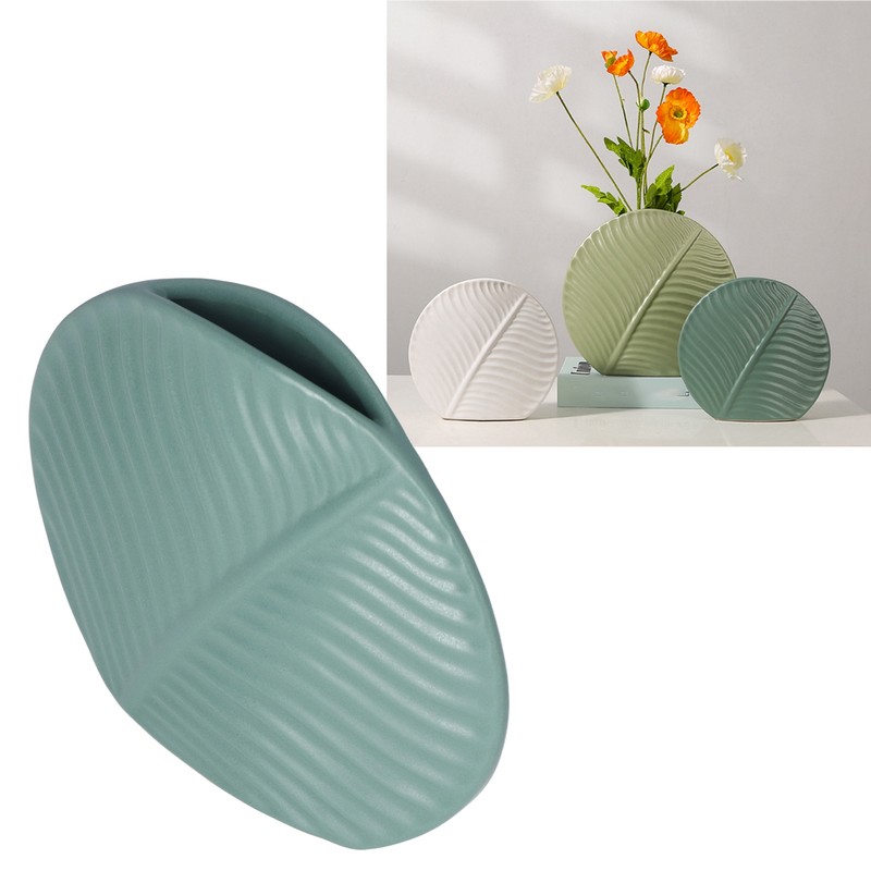 Leaves Pattern Ceramic Vase Nordic Style Dark Green Flat Leaf