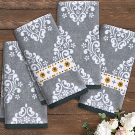 Gray Kitchen Towels [Not Thick], 4PC 15"x25" - 100% Cotton | Soft | Absorbent | 400 GSM | Fluffy, Decorative Hand Towels for Kitchen | Bathroom | Daily Use | Guest, Gray and White Damask Print