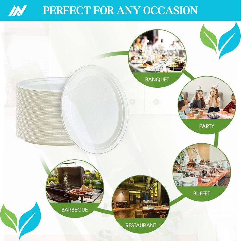 AAN 100% Compostable Biodegradable Paper Plates, Heavy-Duty Eco-Friendly Disposable Bagasse